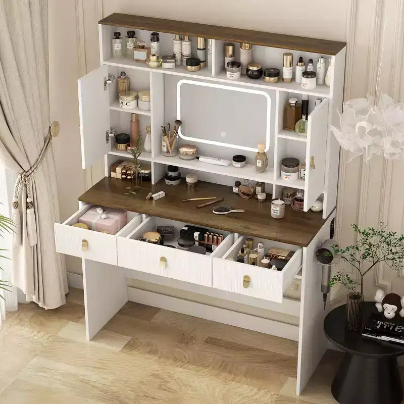 Toeletta Trucco da 43 pollici in Stile Rustico con Specchio Illuminato, Contenitori Organizzati e Supporto per Asciugacapelli per Camera da Letto, Finitura Naturale