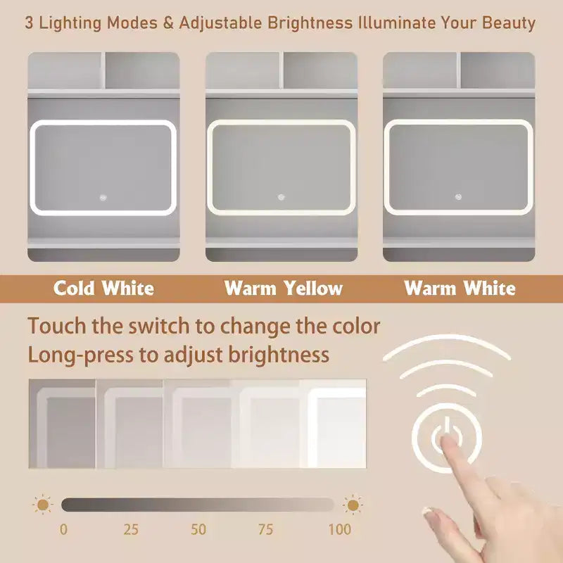 Toeletta Trucco da 43 pollici in Stile Rustico con Specchio Illuminato, Contenitori Organizzati e Supporto per Asciugacapelli per Camera da Letto, Finitura Naturale