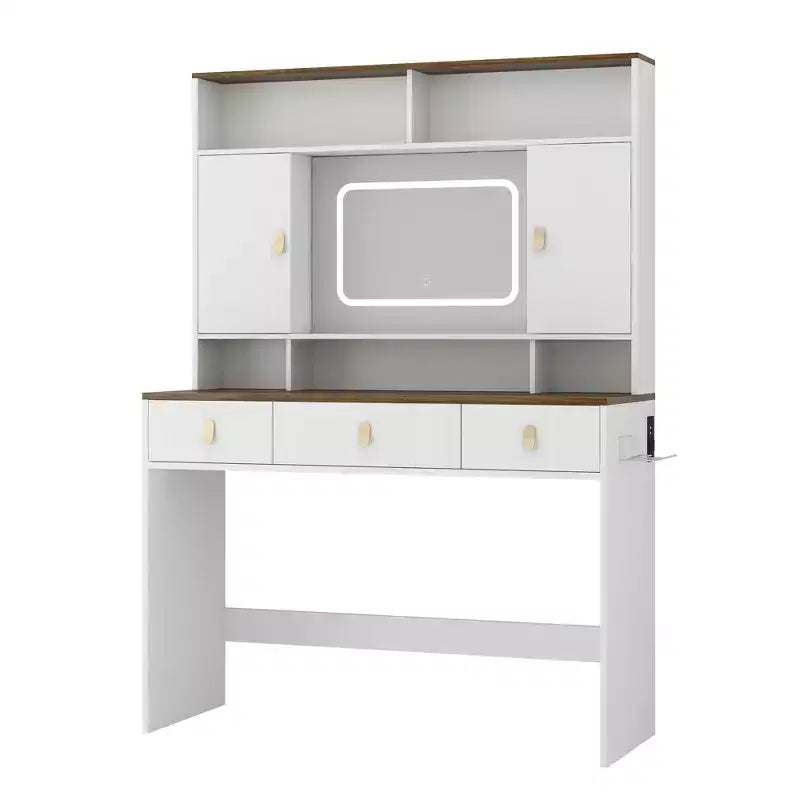 Toeletta Trucco da 43 pollici in Stile Rustico con Specchio Illuminato, Contenitori Organizzati e Supporto per Asciugacapelli per Camera da Letto, Finitura Naturale