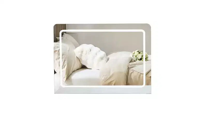 Moderna toeletta angolare con specchio illuminato, 4 cassetti, mobile laterale, sgabello abbinato e ripiani aperti per la camera da letto