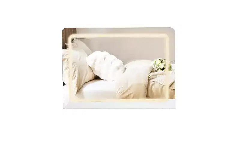 Moderna toeletta angolare con specchio illuminato, 4 cassetti, mobile laterale, sgabello abbinato e ripiani aperti per la camera da letto