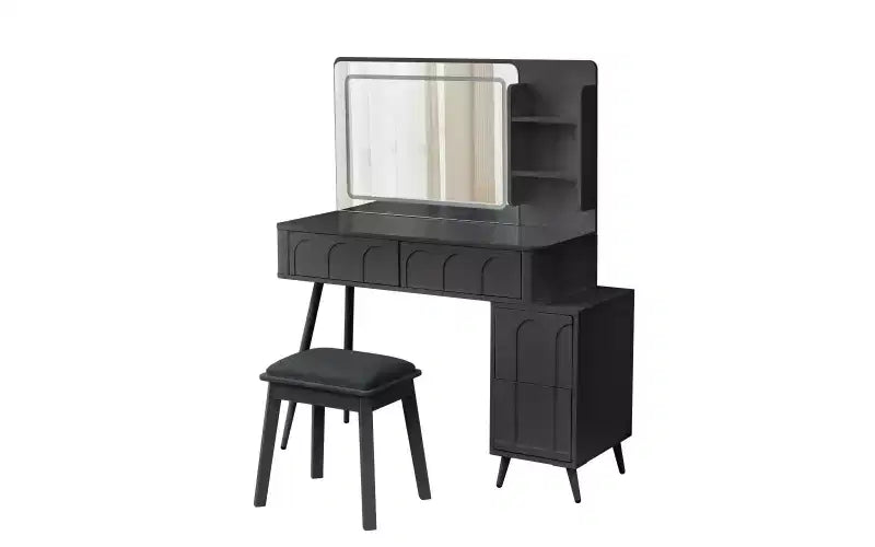 Moderna toeletta angolare con specchio illuminato, 4 cassetti, mobile laterale, sgabello abbinato e ripiani aperti per la camera da letto