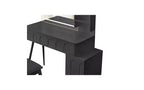 Moderna toeletta angolare con specchio illuminato, 4 cassetti, mobile laterale, sgabello abbinato e ripiani aperti per la camera da letto