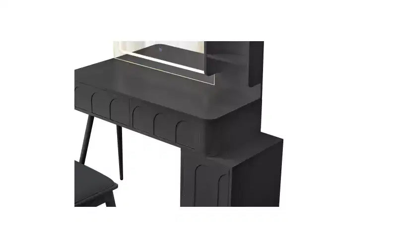 Moderna toeletta angolare con specchio illuminato, 4 cassetti, mobile laterale, sgabello abbinato e ripiani aperti per la camera da letto