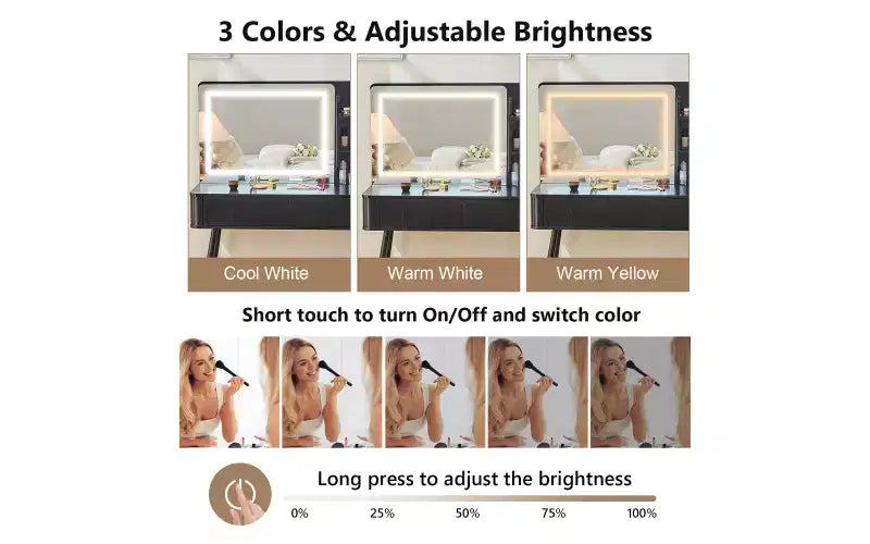 Moderna toeletta angolare con specchio illuminato, 4 cassetti, mobile laterale, sgabello abbinato e ripiani aperti per la camera da letto