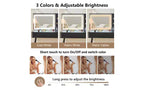 Moderna toeletta angolare con specchio illuminato, 4 cassetti, mobile laterale, sgabello abbinato e ripiani aperti per la camera da letto