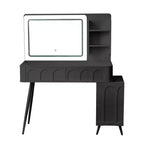 Moderna toeletta angolare con specchio illuminato, 4 cassetti, mobile laterale, sgabello abbinato e ripiani aperti per la camera da letto