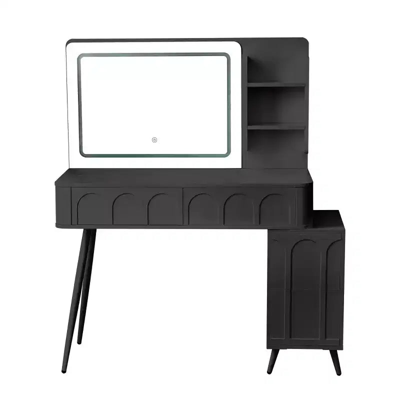 Moderna toeletta angolare con specchio illuminato, 4 cassetti, mobile laterale, sgabello abbinato e ripiani aperti per la camera da letto