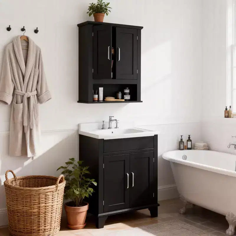 Mobiletto da parete nero per bagno con 2 ante e 1 ripiano