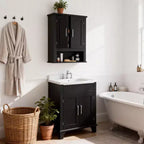 Mobiletto da parete nero per bagno con 2 ante e 1 ripiano