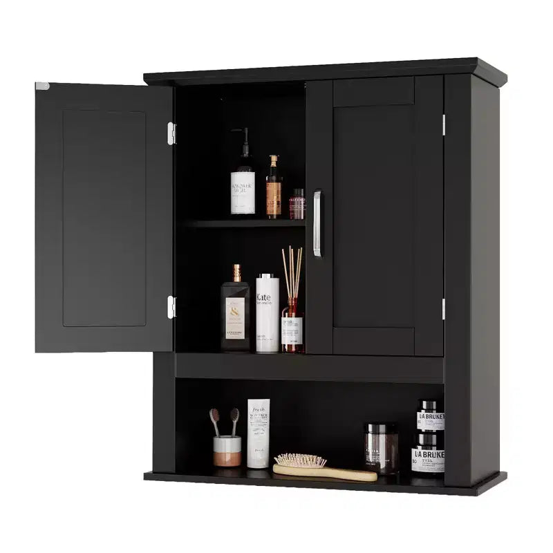 Mobiletto da parete nero per bagno con 2 ante e 1 ripiano
