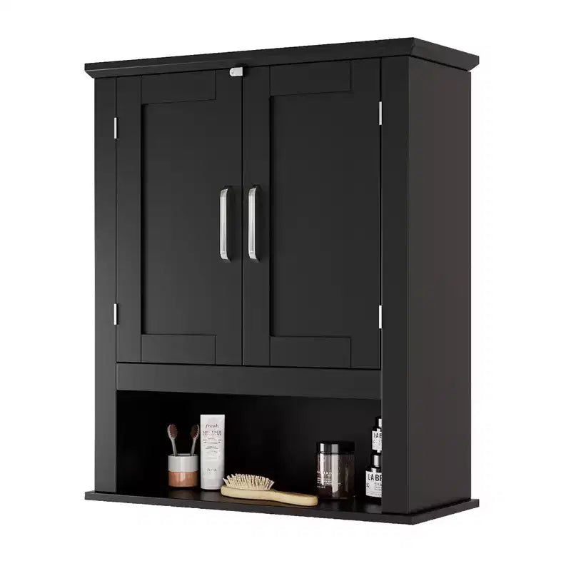 Mobiletto da parete nero per bagno con 2 ante e 1 ripiano