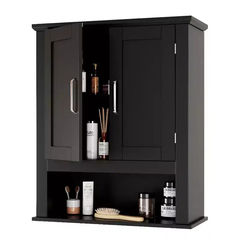 Mobiletto da parete nero per bagno con 2 ante e 1 ripiano