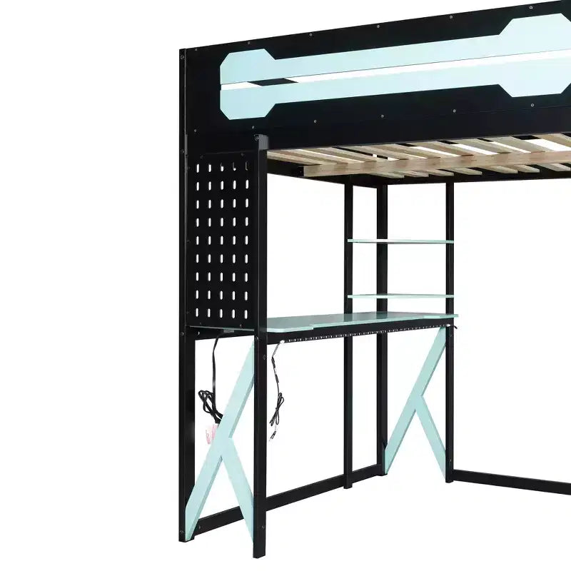 Letto a soppalco in legno a grandezza naturale con scrivania, libreria, stazione di ricarica e luce RGB - ModernLuxe