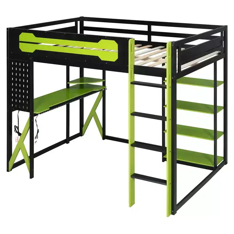 Letto a soppalco in legno a grandezza naturale con scrivania, libreria, stazione di ricarica e luce RGB - ModernLuxe