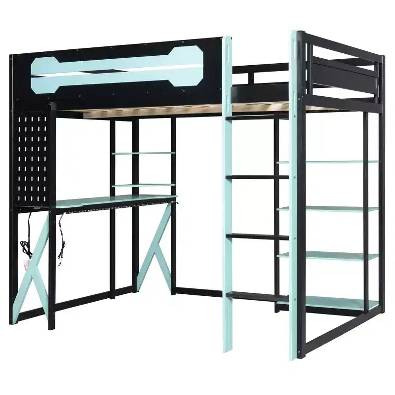 Letto a soppalco in legno a grandezza naturale con scrivania, libreria, stazione di ricarica e luce RGB - ModernLuxe