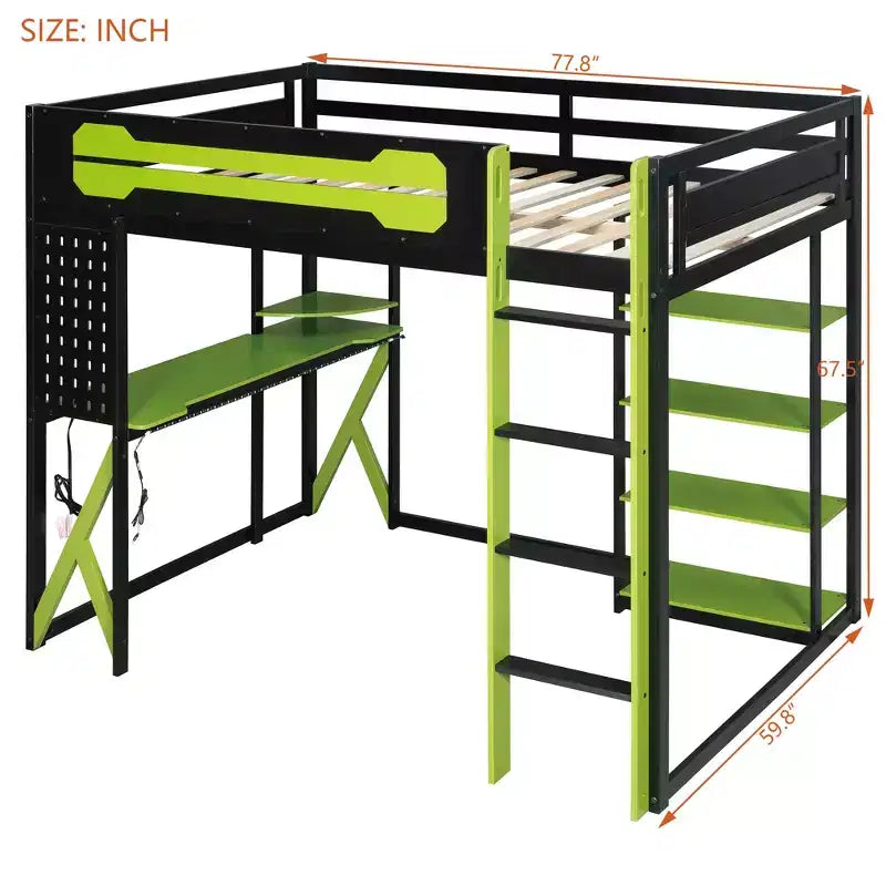 Letto a soppalco in legno a grandezza naturale con scrivania, libreria, stazione di ricarica e luce RGB - ModernLuxe