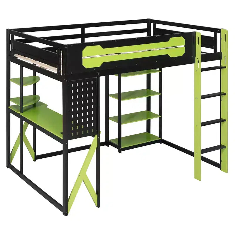 Letto a soppalco in legno a grandezza naturale con scrivania, libreria, stazione di ricarica e luce RGB - ModernLuxe
