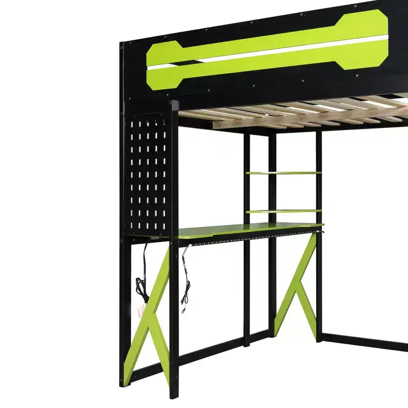 Letto a soppalco in legno a grandezza naturale con scrivania, libreria, stazione di ricarica e luce RGB - ModernLuxe