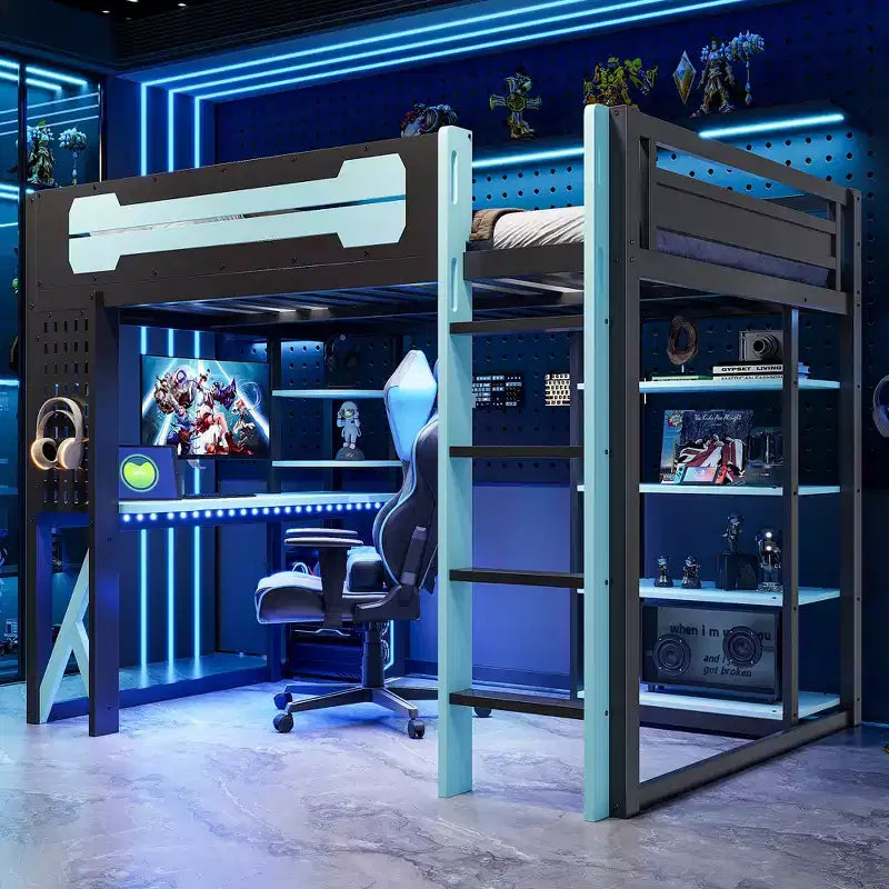 Letto a soppalco in legno a grandezza naturale con scrivania, libreria, stazione di ricarica e luce RGB - ModernLuxe