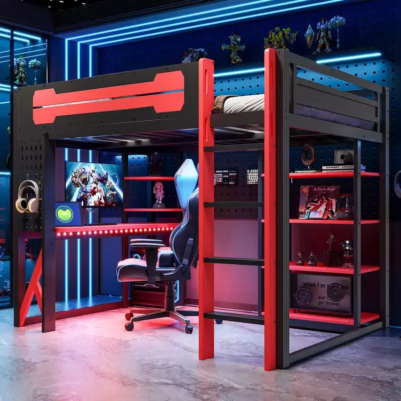 Letto a soppalco in legno a grandezza naturale con scrivania, libreria, stazione di ricarica e luce RGB - ModernLuxe