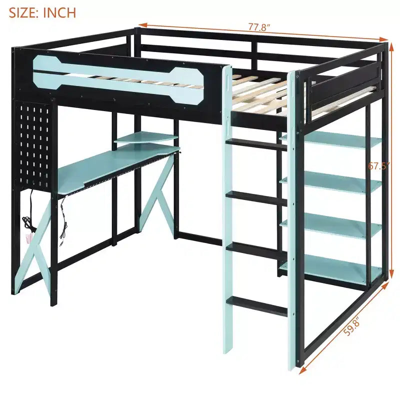 Letto a soppalco in legno a grandezza naturale con scrivania, libreria, stazione di ricarica e luce RGB - ModernLuxe