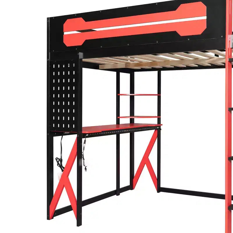 Letto a soppalco in legno a grandezza naturale con scrivania, libreria, stazione di ricarica e luce RGB - ModernLuxe