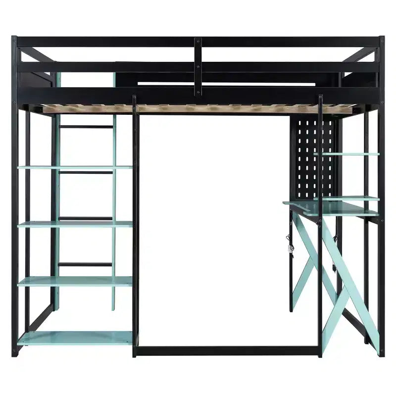 Letto a soppalco in legno a grandezza naturale con scrivania, libreria, stazione di ricarica e luce RGB - ModernLuxe