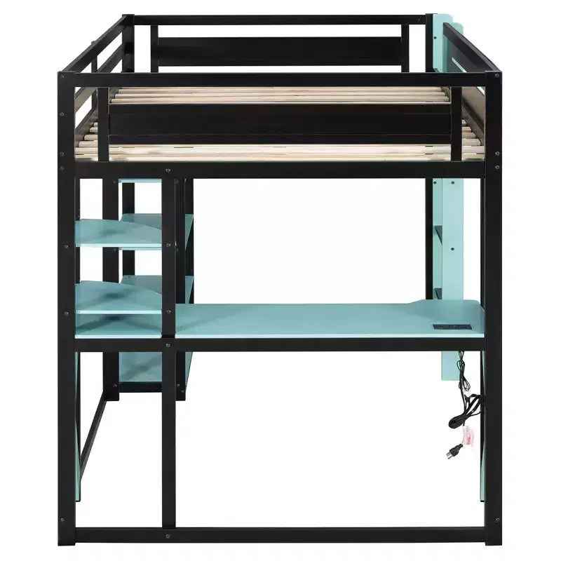 Letto a soppalco in legno a grandezza naturale con scrivania, libreria, stazione di ricarica e luce RGB - ModernLuxe