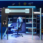 Full Size Wood Loft Bed with Desk, Bookshelf, Charging Station & RGB Light - ModernLuxe
