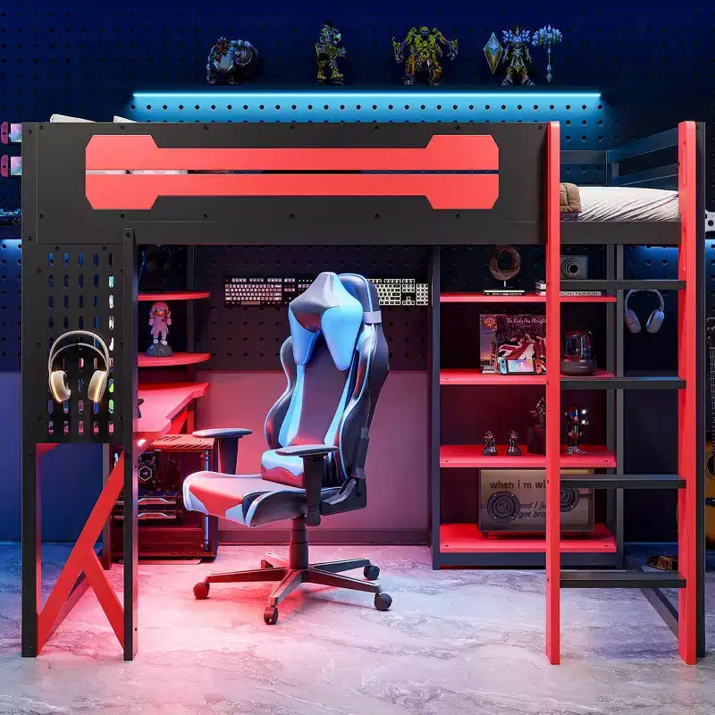 Letto a soppalco in legno a grandezza naturale con scrivania, libreria, stazione di ricarica e luce RGB - ModernLuxe