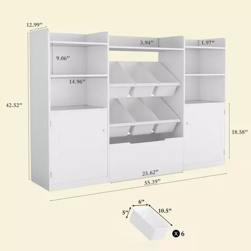 Mobile Contenitore Bianco per Bambini con Ante, Organizzatore Porta Giocattoli in Legno per Sala Giochi, Scaffale e Contenitori Porta Giocattoli per Bambini