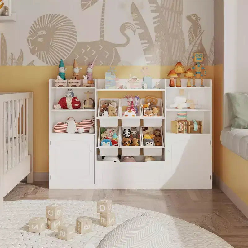 Mobile Contenitore Bianco per Bambini con Ante, Organizzatore Porta Giocattoli in Legno per Sala Giochi, Scaffale e Contenitori Porta Giocattoli per Bambini