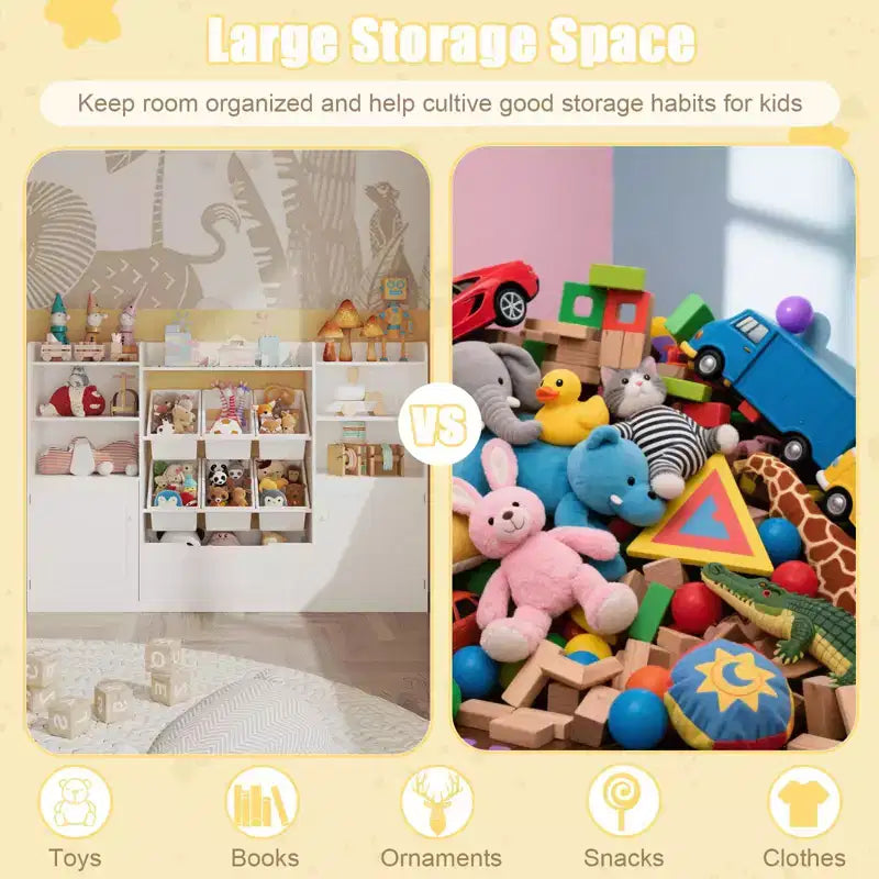Mobile Contenitore Bianco per Bambini con Ante, Organizzatore Porta Giocattoli in Legno per Sala Giochi, Scaffale e Contenitori Porta Giocattoli per Bambini