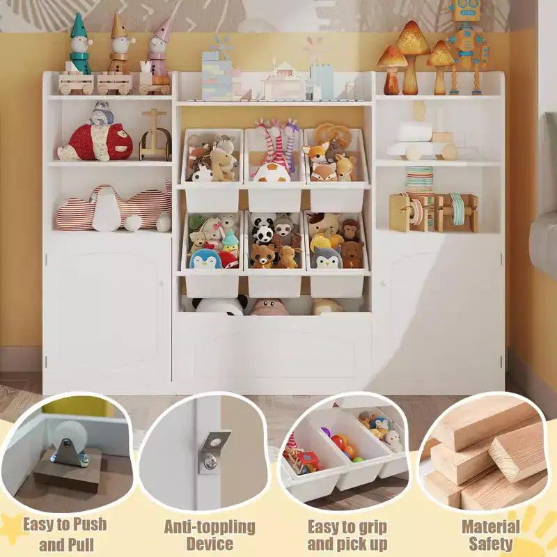 Mobile Contenitore Bianco per Bambini con Ante, Organizzatore Porta Giocattoli in Legno per Sala Giochi, Scaffale e Contenitori Porta Giocattoli per Bambini
