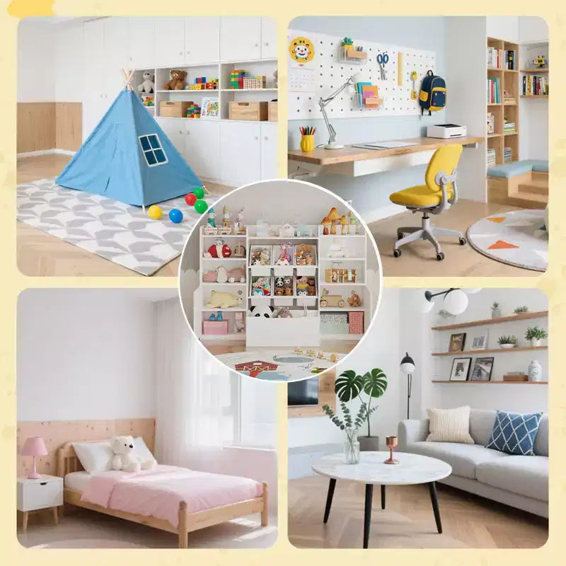 Mobile Contenitore Bianco per Bambini con Ante, Organizzatore Porta Giocattoli in Legno per Sala Giochi, Scaffale e Contenitori Porta Giocattoli per Bambini