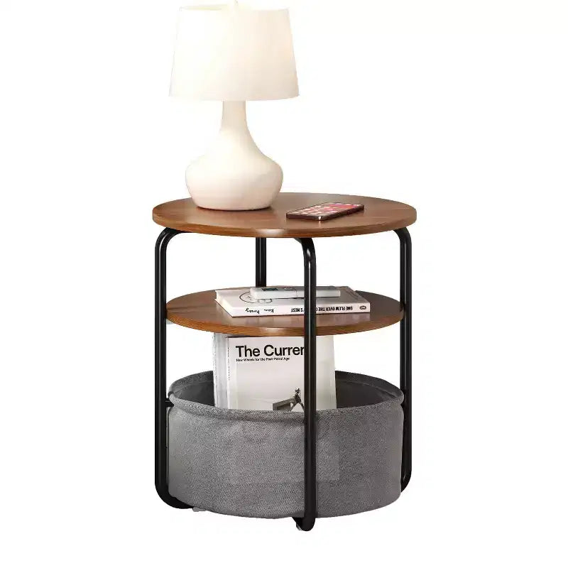 Tavolino rotondo compatto a 3 ripiani con borsa portaoggetti, tavolino d'appoggio vintage da 60 cm per soggiorno, camera da letto e piccoli spazi