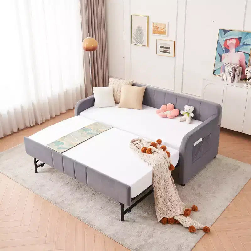 Divano letto singolo con letto estraibile, in velluto con porte USB e tasche laterali per soggiorno, camera da letto, camera degli ospiti - ModernLuxe