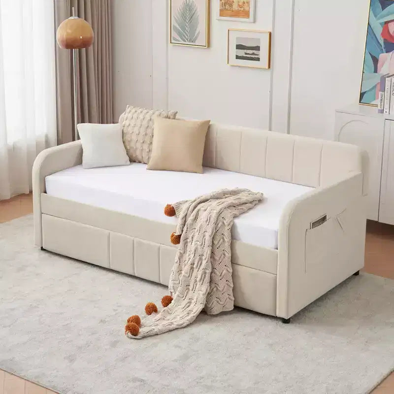 Divano letto singolo con letto estraibile, in velluto con porte USB e tasche laterali per soggiorno, camera da letto, camera degli ospiti - ModernLuxe