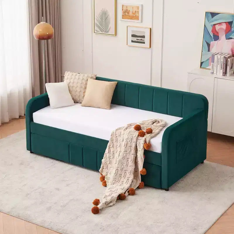 Divano letto singolo con letto estraibile, in velluto con porte USB e tasche laterali per soggiorno, camera da letto, camera degli ospiti - ModernLuxe