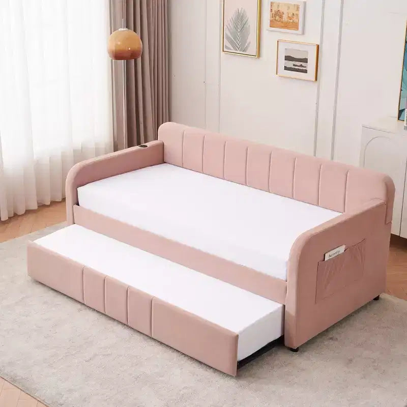 Divano letto singolo con letto estraibile, in velluto con porte USB e tasche laterali per soggiorno, camera da letto, camera degli ospiti - ModernLuxe