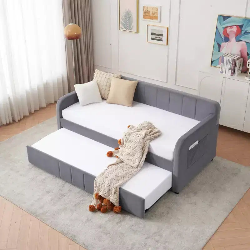 Divano letto singolo con letto estraibile, in velluto con porte USB e tasche laterali per soggiorno, camera da letto, camera degli ospiti - ModernLuxe