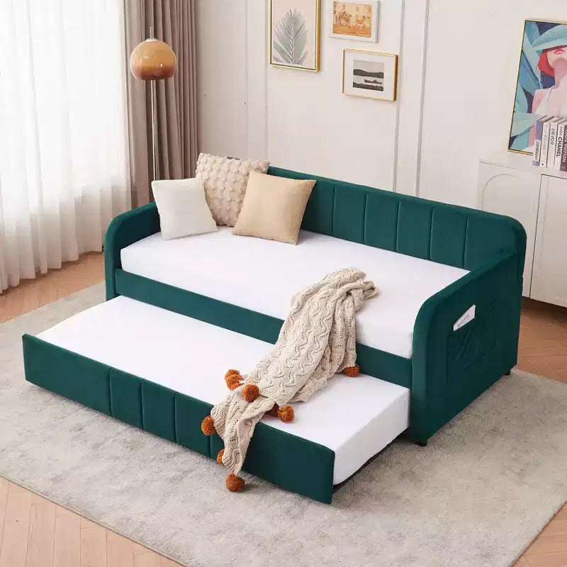 Divano letto singolo con letto estraibile, in velluto con porte USB e tasche laterali per soggiorno, camera da letto, camera degli ospiti - ModernLuxe