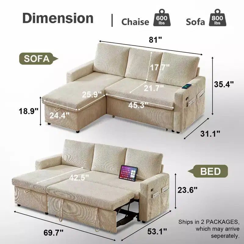 Dyonery Divano Letto Angolare 81, Divano Estraibile a L con Chaise Longue Reversibile con Contenitore, USB, Schienale Reclinabile