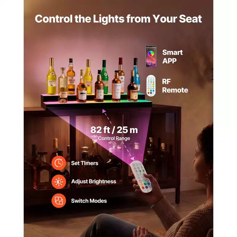 VEVOR Espositore per bottiglie di liquori a LED, 2 ripiani 100 cm, supporta USB, Espositore da bar per casa illuminato in acrilico con telecomando RF e controllo APP, nero+bianco