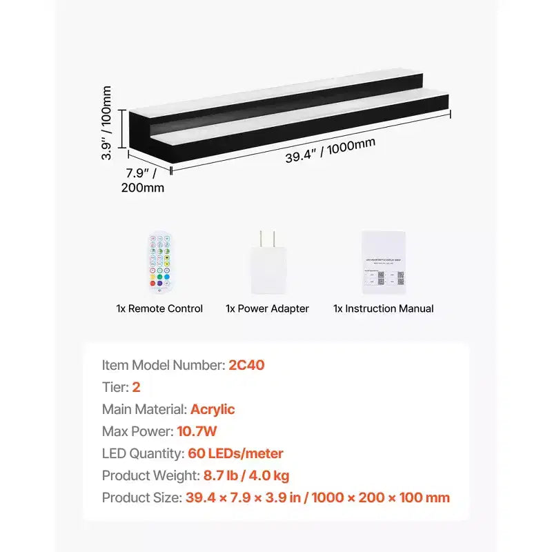 VEVOR Espositore per bottiglie di liquori a LED, 2 ripiani 100 cm, supporta USB, Espositore da bar per casa illuminato in acrilico con telecomando RF e controllo APP, nero+bianco