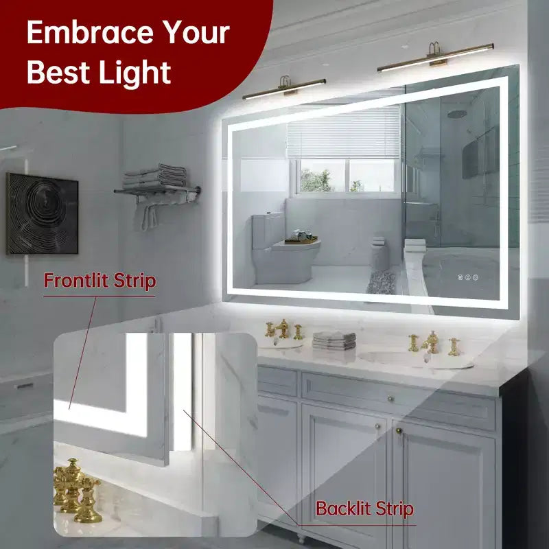 SUMERAIN 48x32 Specchio da Parete per Bagno, Anti-Appannamento, Anti-Rottura, con Luci LED Smart ETL per Trucco
