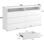 Cassettiera doppia Dyonery a 6 cassetti con luci LED, mobile contenitore ampio con ripiani aperti, colore bianco