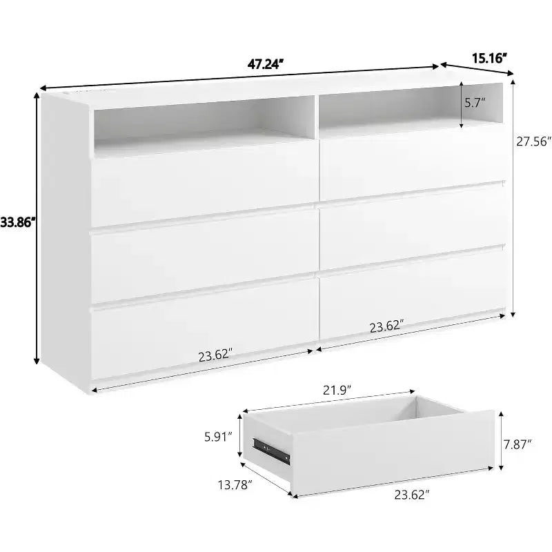 Cassettiera doppia Dyonery a 6 cassetti con luci LED, mobile contenitore ampio con ripiani aperti, colore bianco