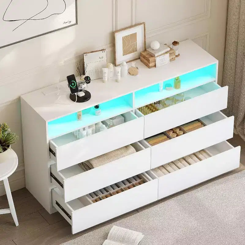 Cassettiera doppia Dyonery a 6 cassetti con luci LED, mobile contenitore ampio con ripiani aperti, colore bianco